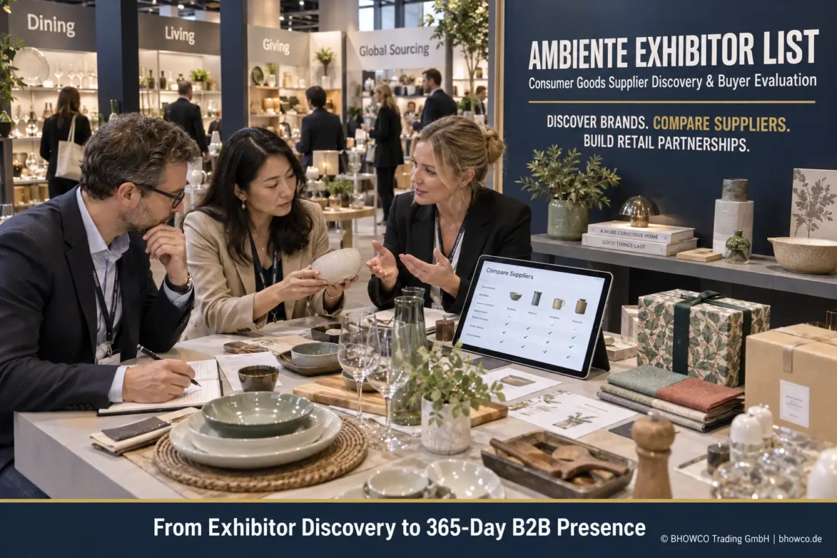 Ambiente exhibitor list guide showing retail buyers comparing consumer goods suppliers across Dining, Living, Giving and Global Sourcing.