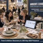 Ambiente exhibitor list guide showing retail buyers comparing consumer goods suppliers across Dining, Living, Giving and Global Sourcing.