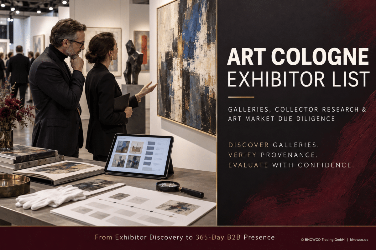 ART COLOGNE exhibitor list guide showing collectors evaluating contemporary artworks, gallery information and provenance documentation.
