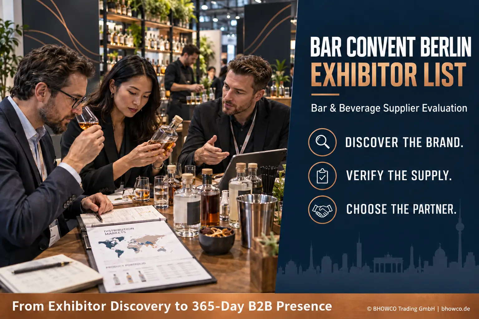 Bar Convent Berlin exhibitor list guide showing beverage buyers tasting products and evaluating brand positioning, distribution readiness and supplier capabilities.