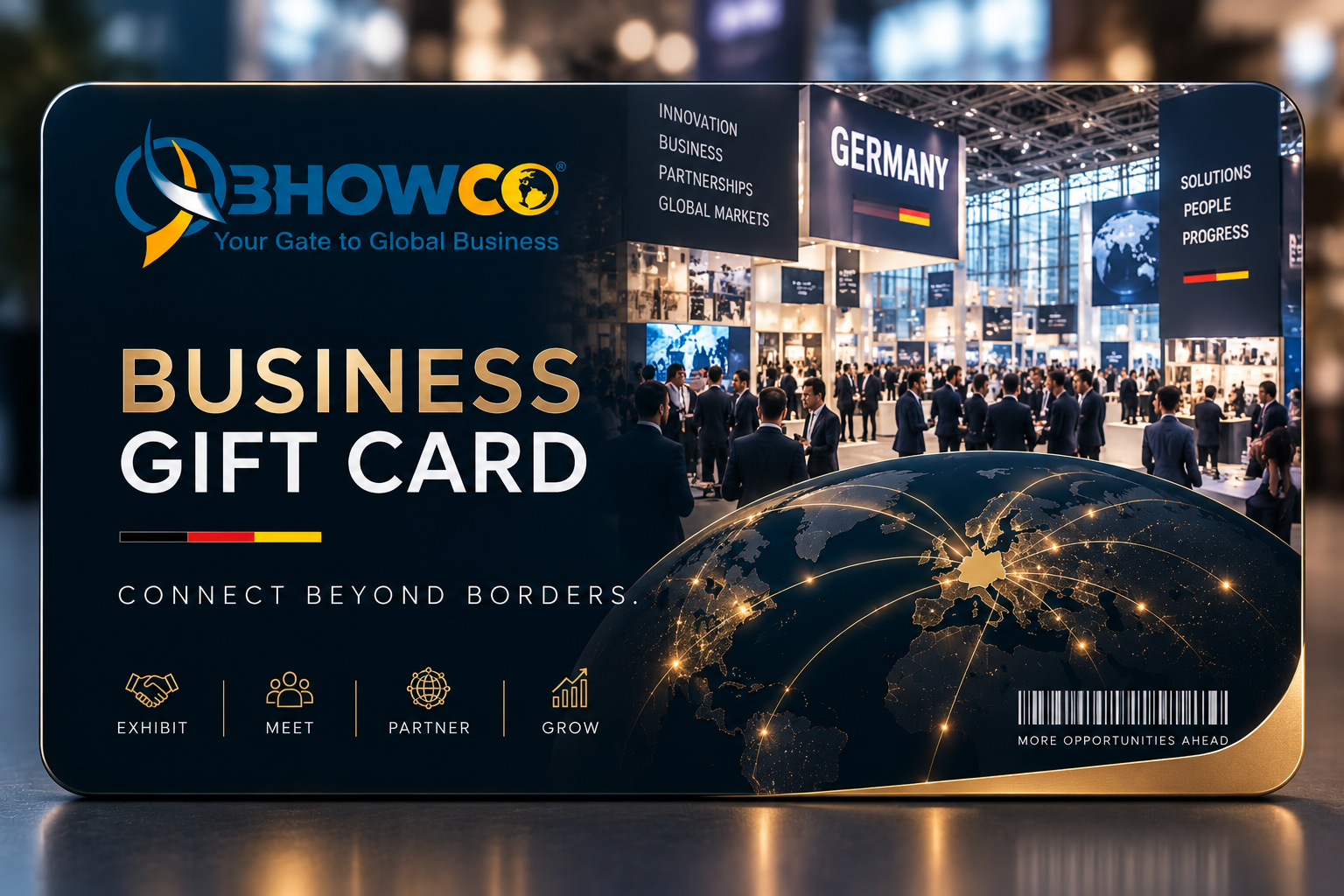 BHOWCO Business Gift Card representing business presence and international opportunities in Germany’s trade fair ecosystem.