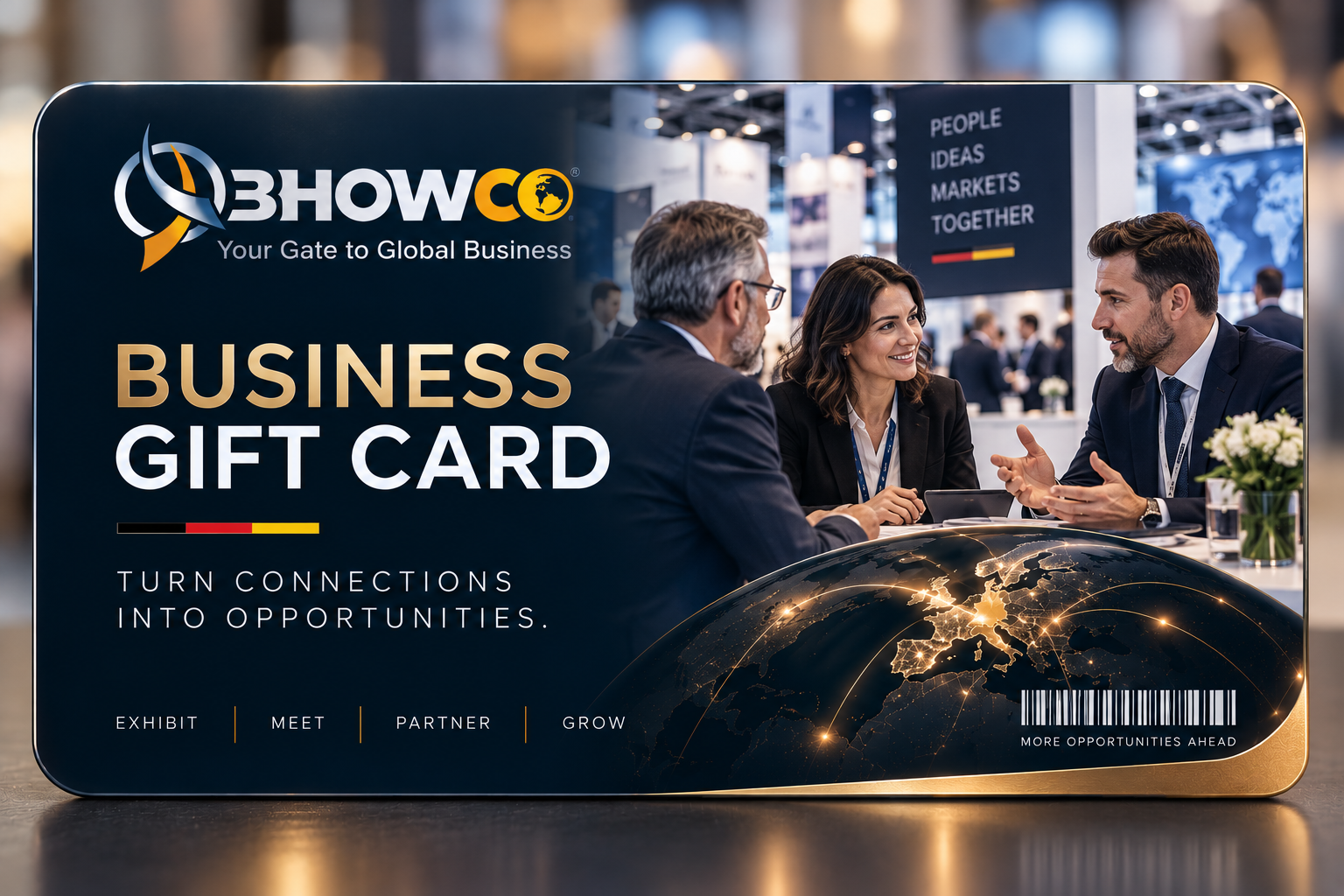 BHOWCO Business Gift Card showing international executives building business connections at a German trade fair.