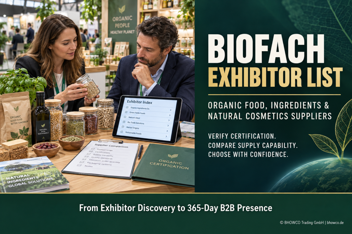 BIOFACH exhibitor list guide showing professional buyers evaluating organic food, ingredient and natural cosmetics suppliers.