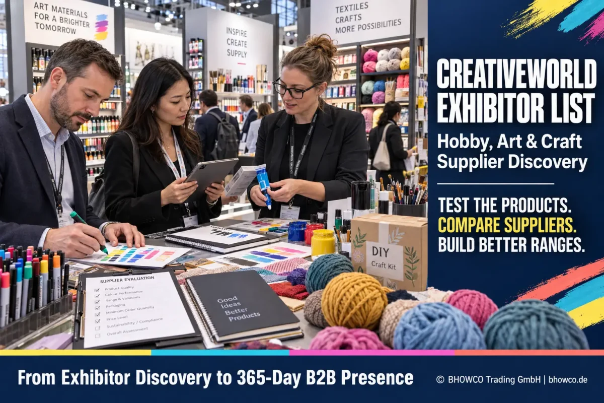 Creativeworld exhibitor list guide showing wholesale buyers testing art, hobby, craft and textile products while comparing suppliers.