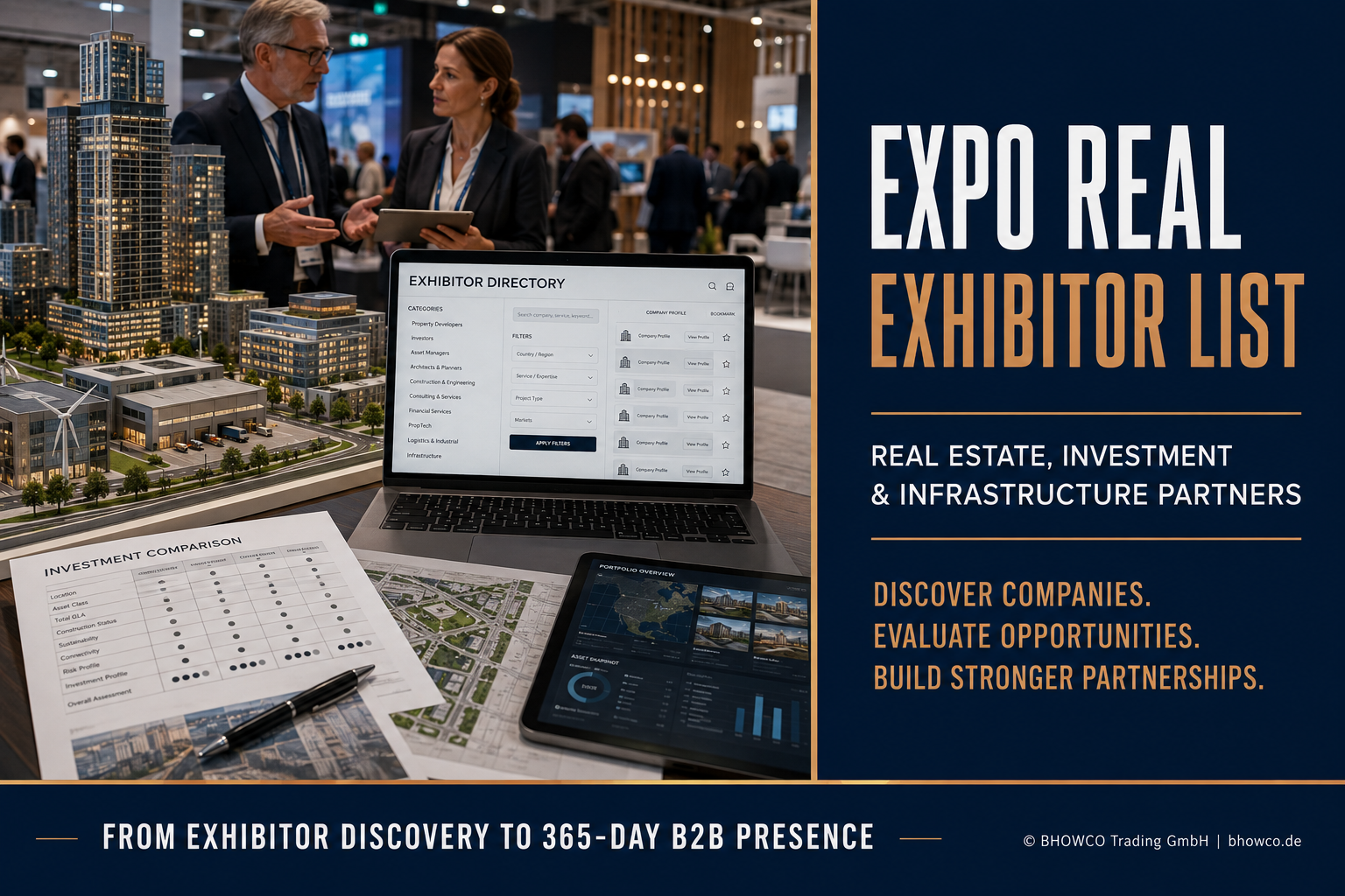 EXPO REAL exhibitor list guide showing real estate investors evaluating companies, projects and infrastructure partners.
