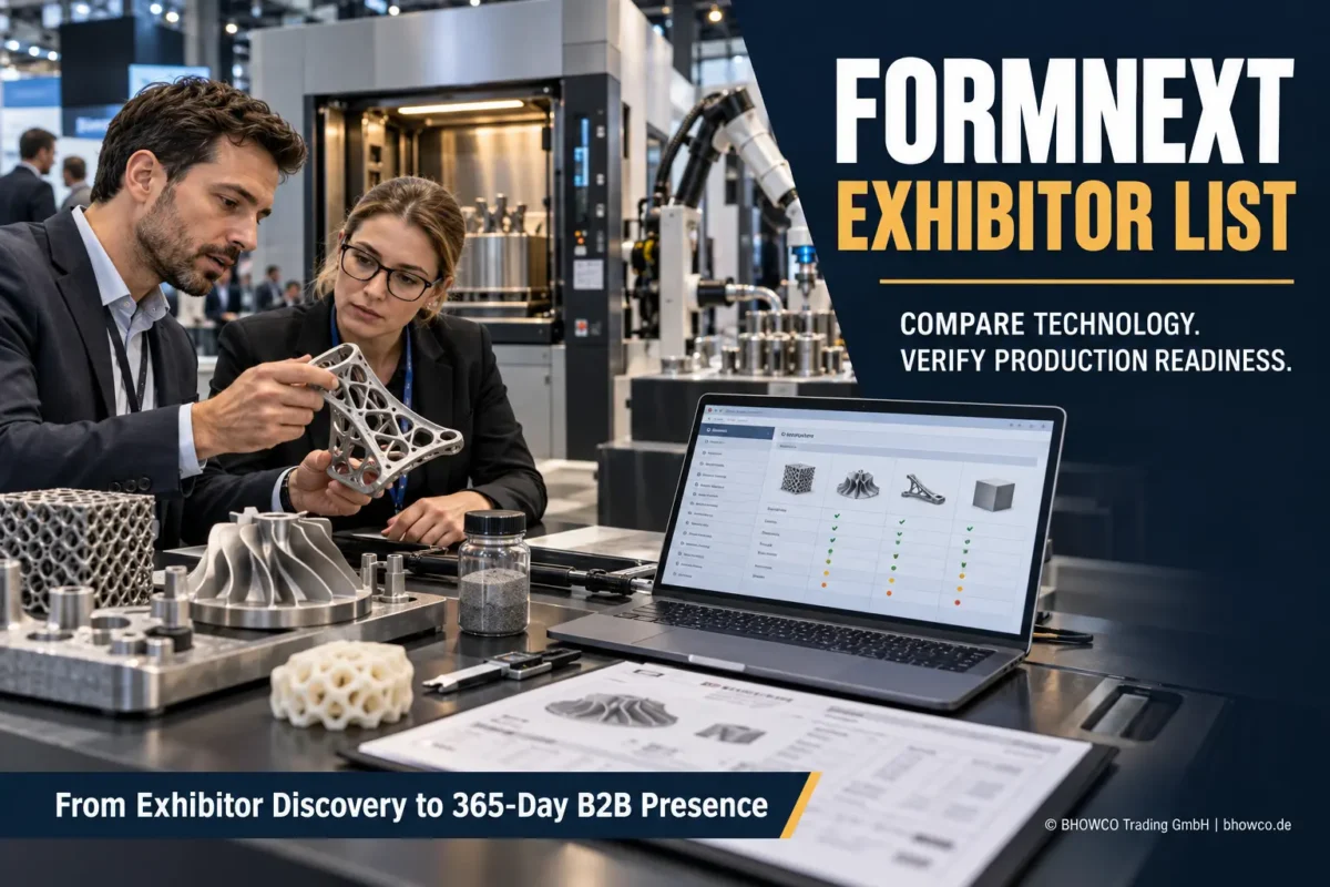 Formnext exhibitor list guide showing engineers evaluating additive manufacturing suppliers, 3D-printed parts and production readiness.