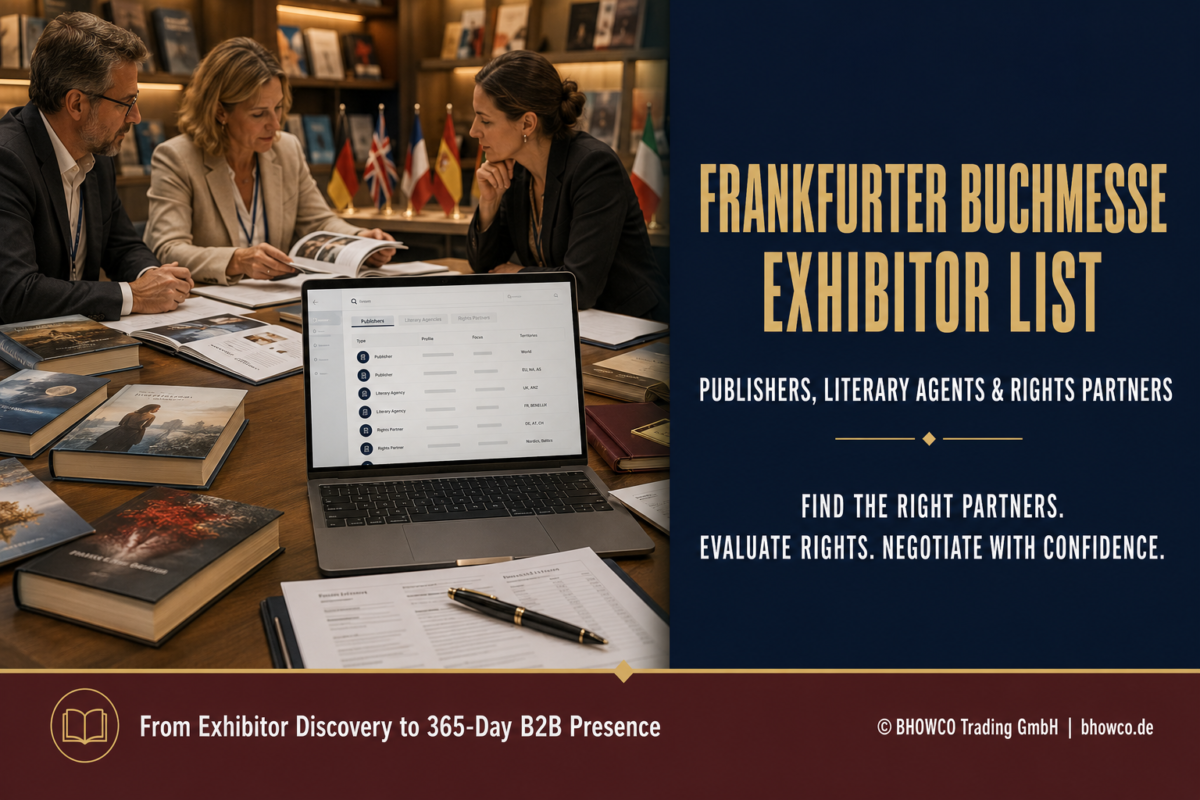 Frankfurter Buchmesse exhibitor list guide showing publishing professionals evaluating publishers, literary agents and international rights partners.