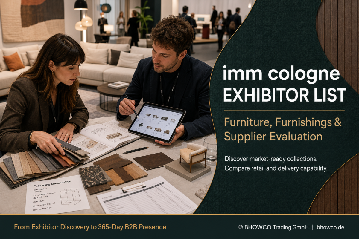 imm cologne exhibitor list guide showing furniture buyers comparing collections, material samples, packaging specifications and supplier capabilities.