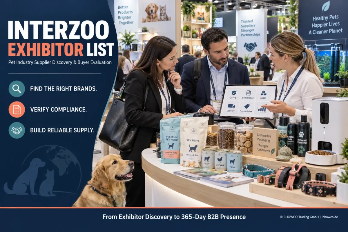 Interzoo exhibitor list guide showing pet industry buyers evaluating suppliers, product compliance, private-label capability and delivery reliability.