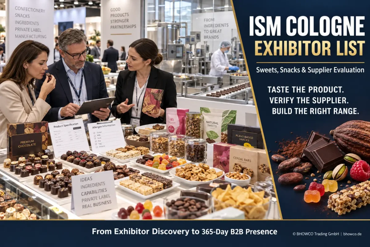 ISM Cologne exhibitor list guide showing B2B buyers tasting sweets and snacks while evaluating supplier compliance, ingredients and production capabilities.