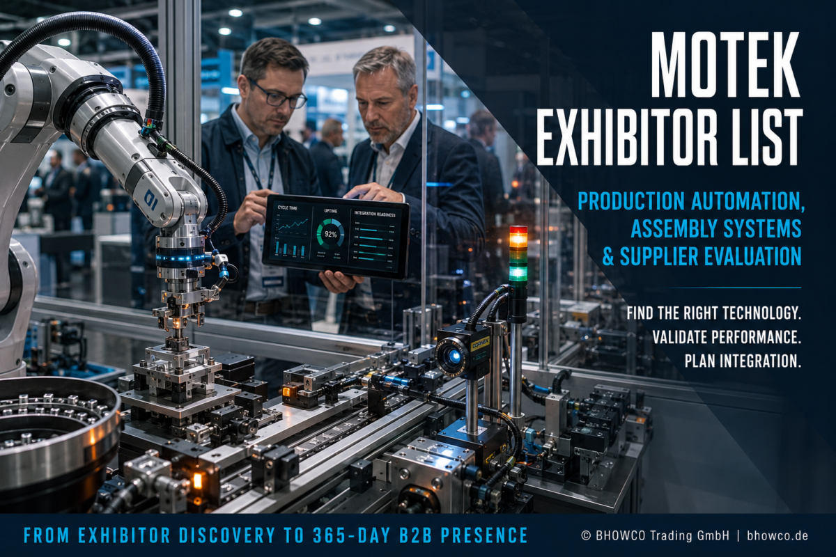 Motek exhibitor list guide showing manufacturing buyers evaluating production automation, assembly systems and supplier performance.