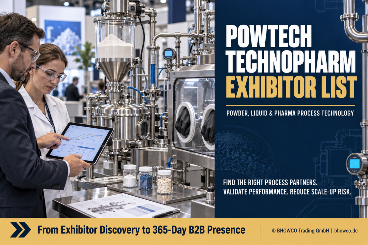 POWTECH TECHNOPHARM exhibitor list featuring process engineers evaluating powder, liquid and pharmaceutical processing equipment and supplier performance.