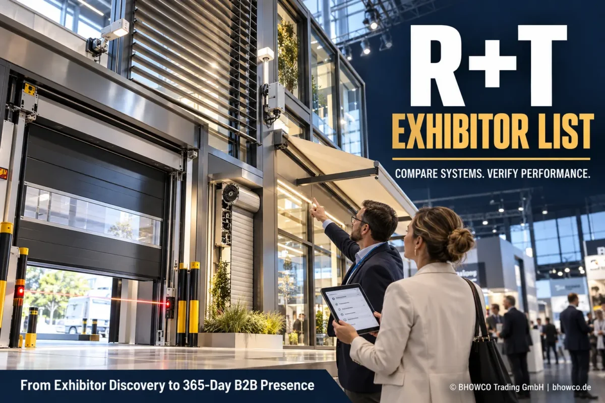 R+T exhibitor list guide showing architects evaluating roller shutters, automated gates, façade blinds and sun shading systems.