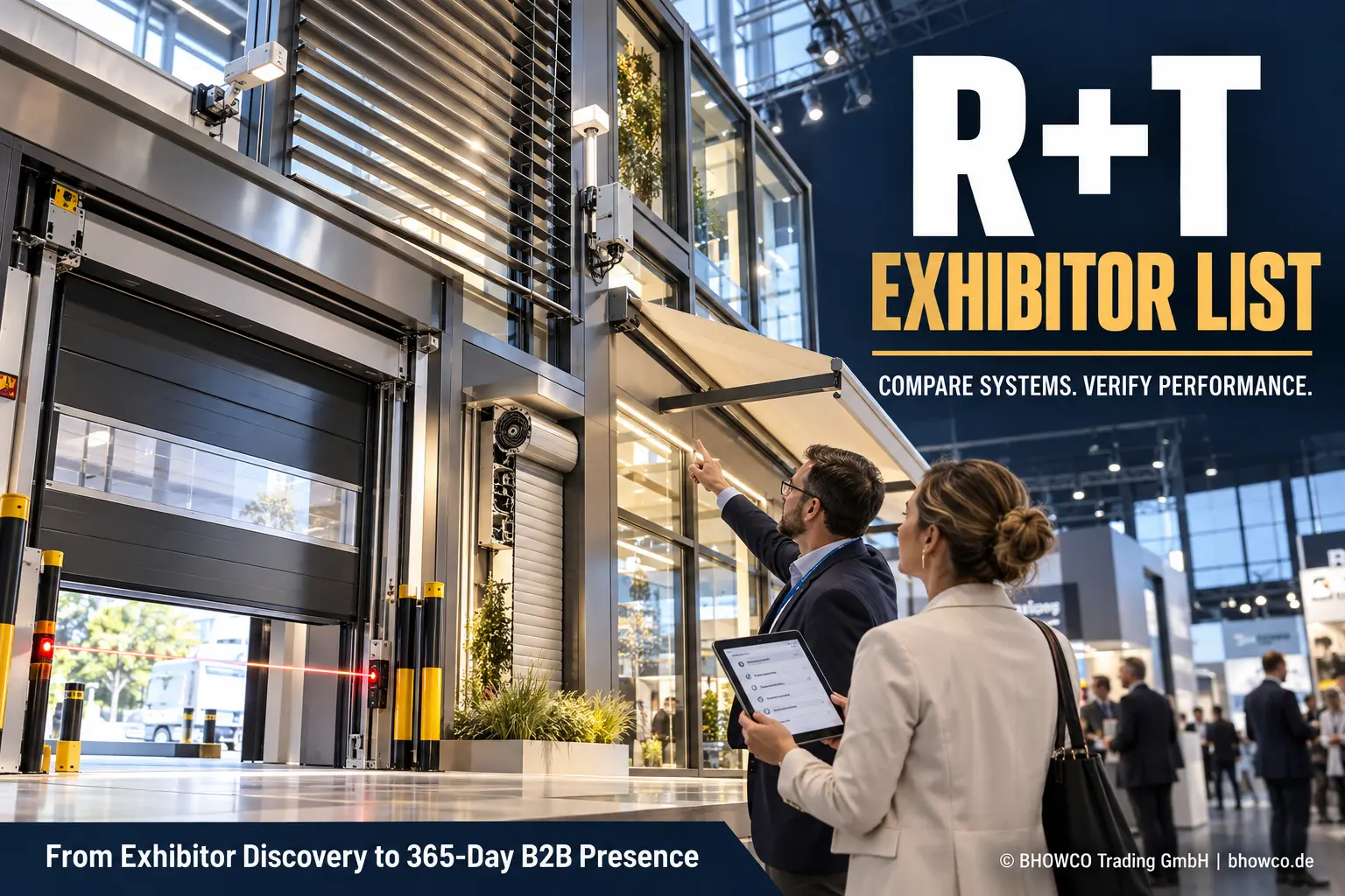 R+T exhibitor list guide showing architects evaluating roller shutters, automated gates, façade blinds and sun shading systems.