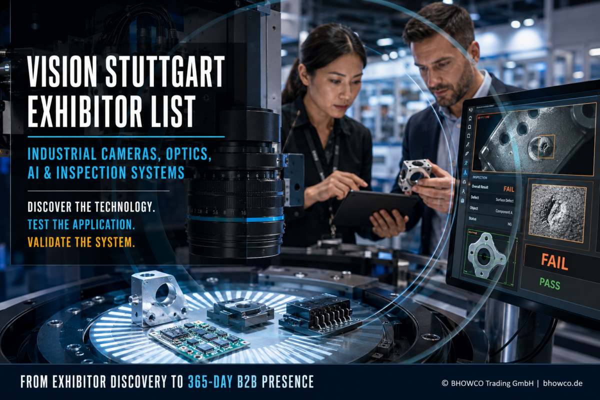 VISION Stuttgart exhibitor list guide showing industrial camera, optics and AI inspection systems being evaluated by machine vision buyers.