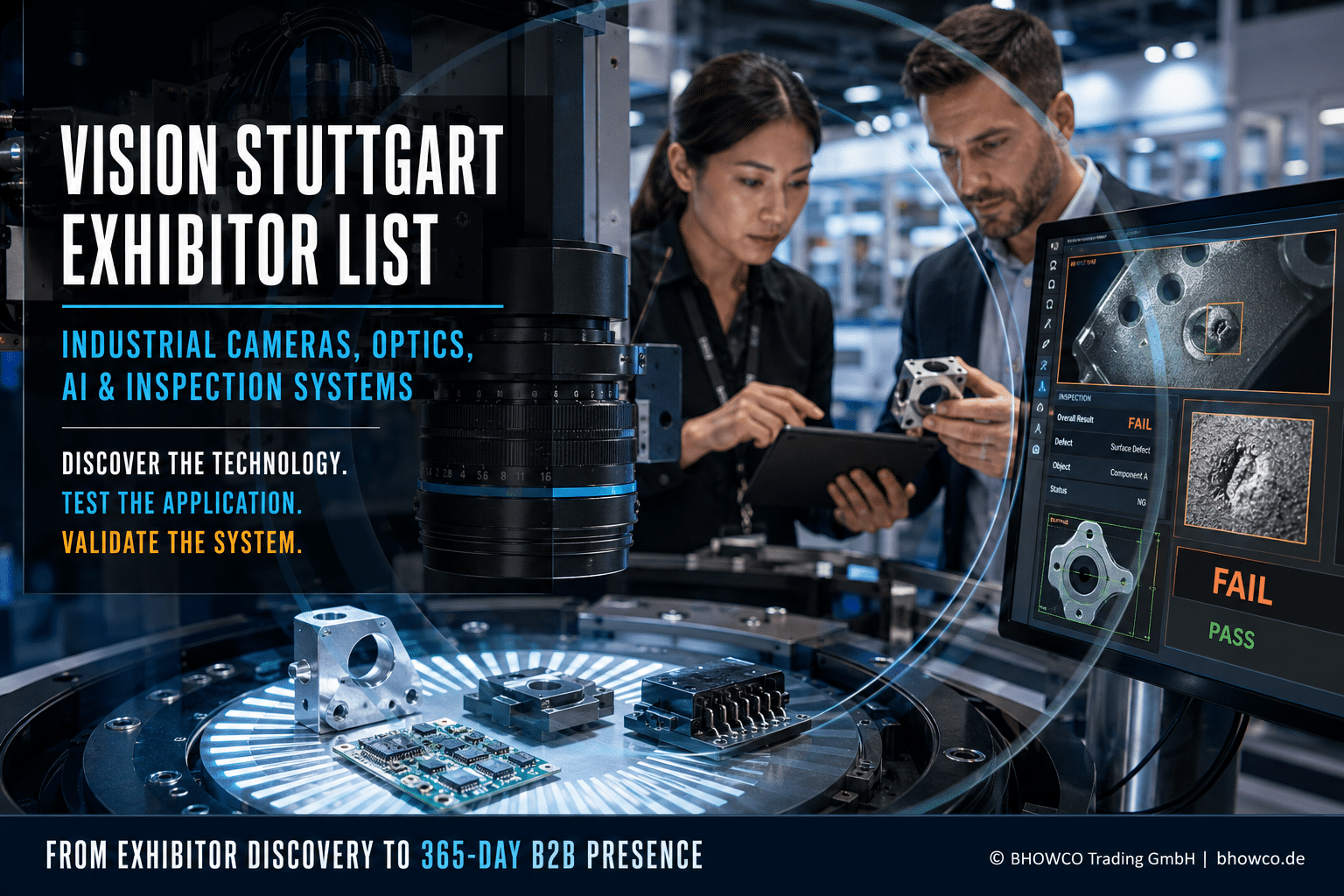VISION Stuttgart exhibitor list guide showing industrial camera, optics and AI inspection systems being evaluated by machine vision buyers.