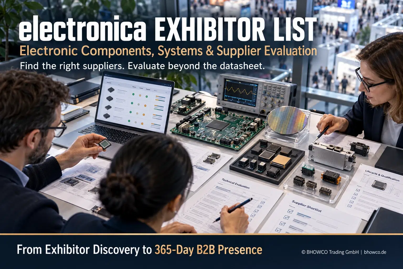 electronica exhibitor list guide showing engineers and procurement specialists evaluating electronic components, technical evidence and potential suppliers.